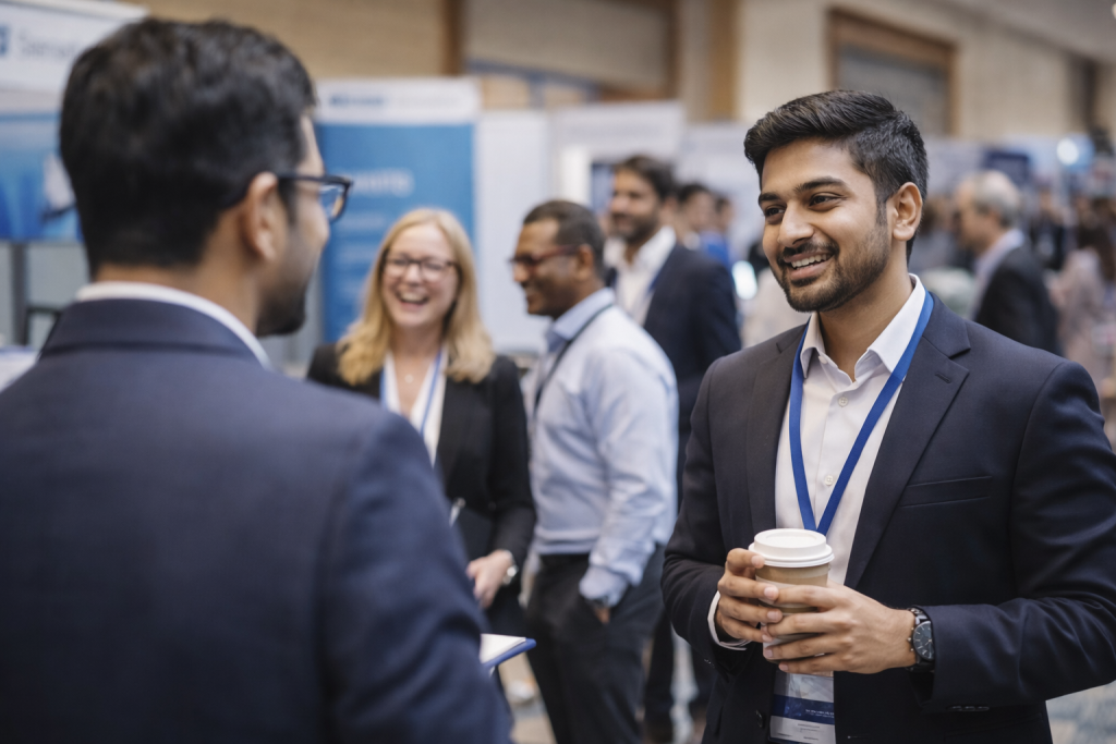 Young entrepreneurs networking at a business expo discussing opportunities and partnerships